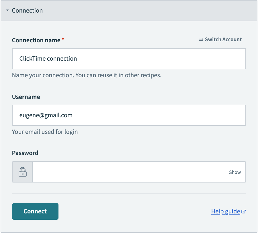 Configured ClickTime connection fields