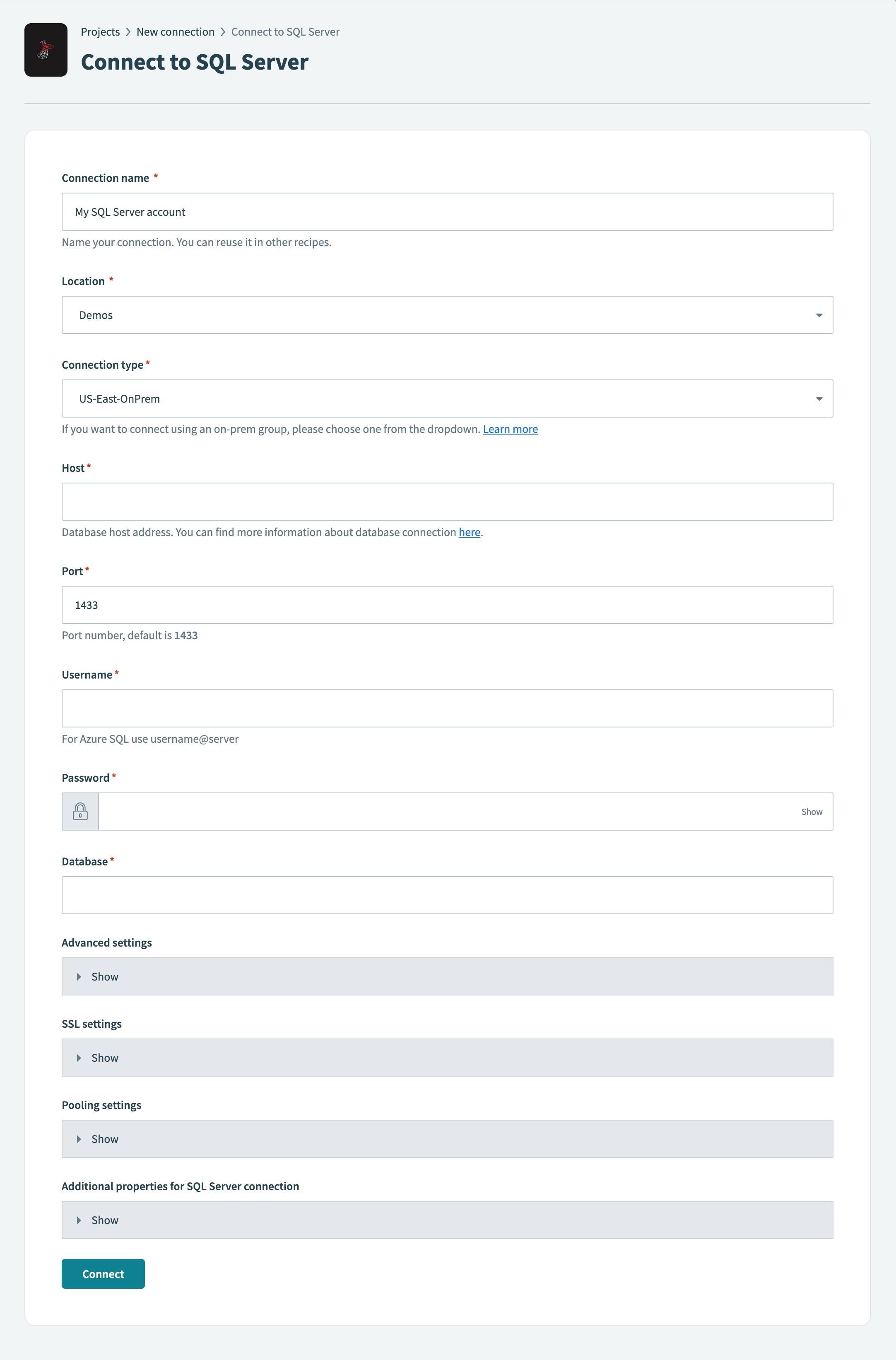 Connect to SQL Server using an on-prem connection