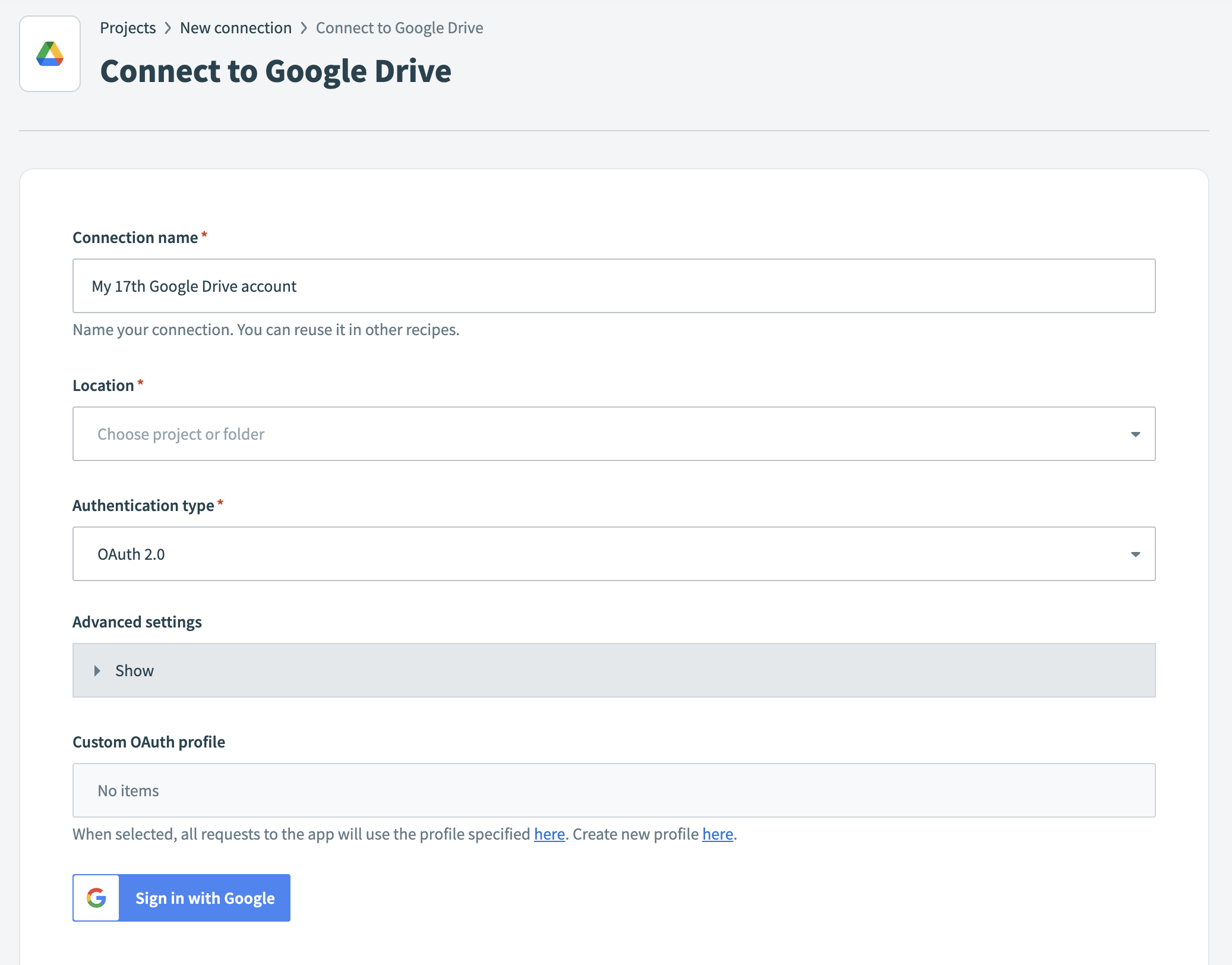 Google Drive connection setup