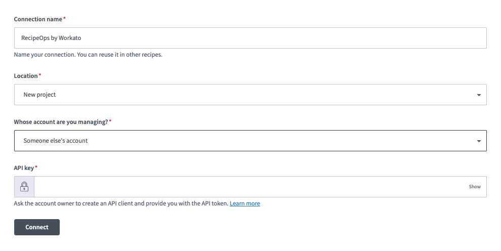 RecipeOps connection setup