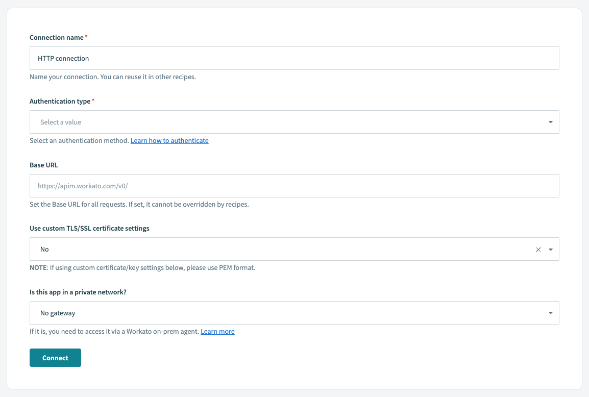 HTTP コネクターのコネクションのポップアップ