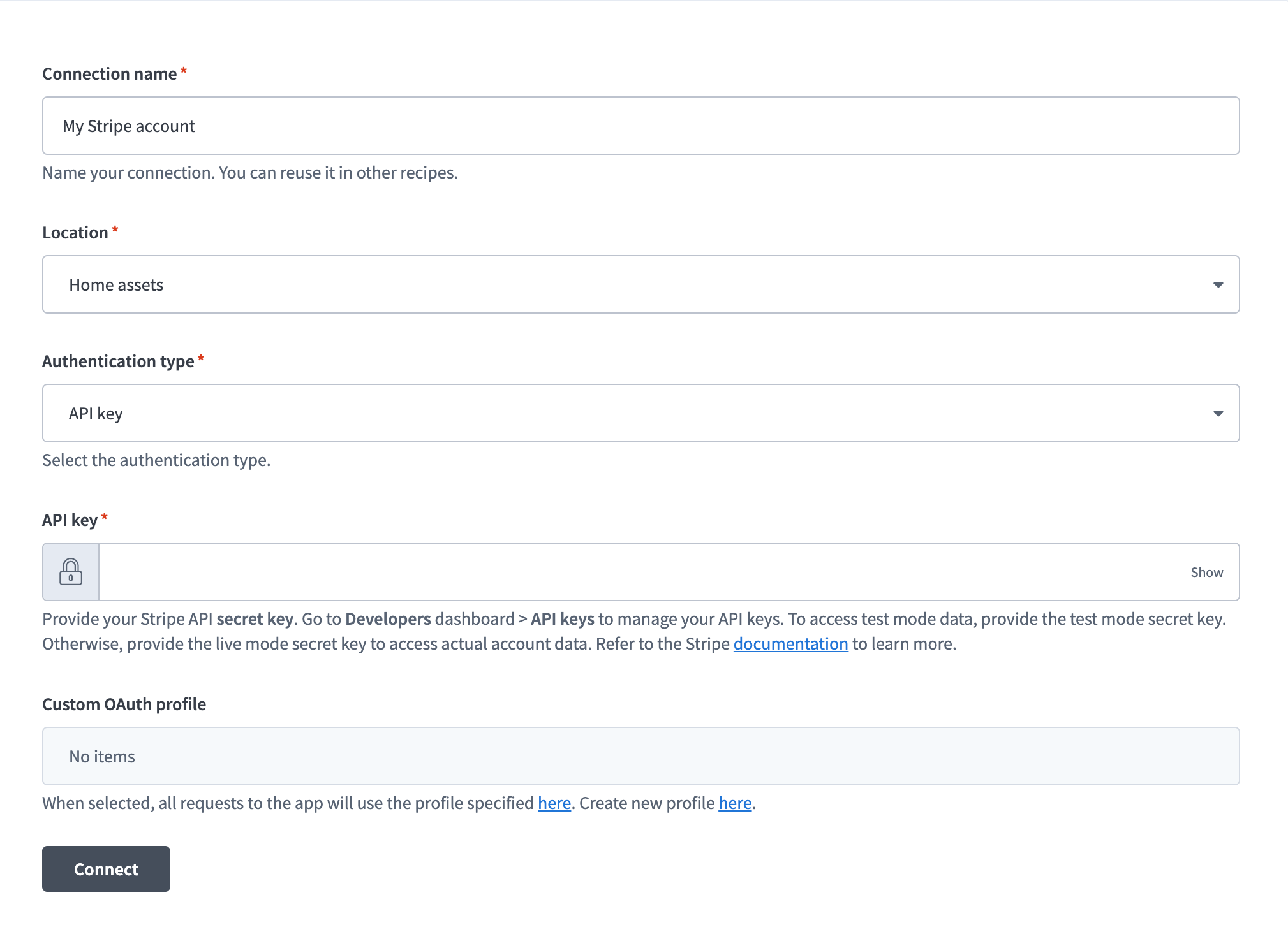 Stripe connection setup