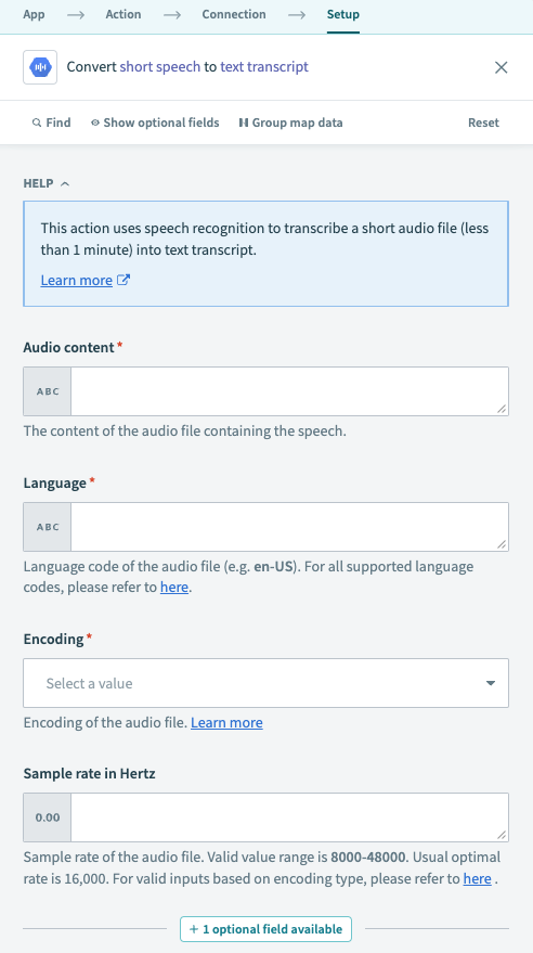 Google Convert short speech to text action