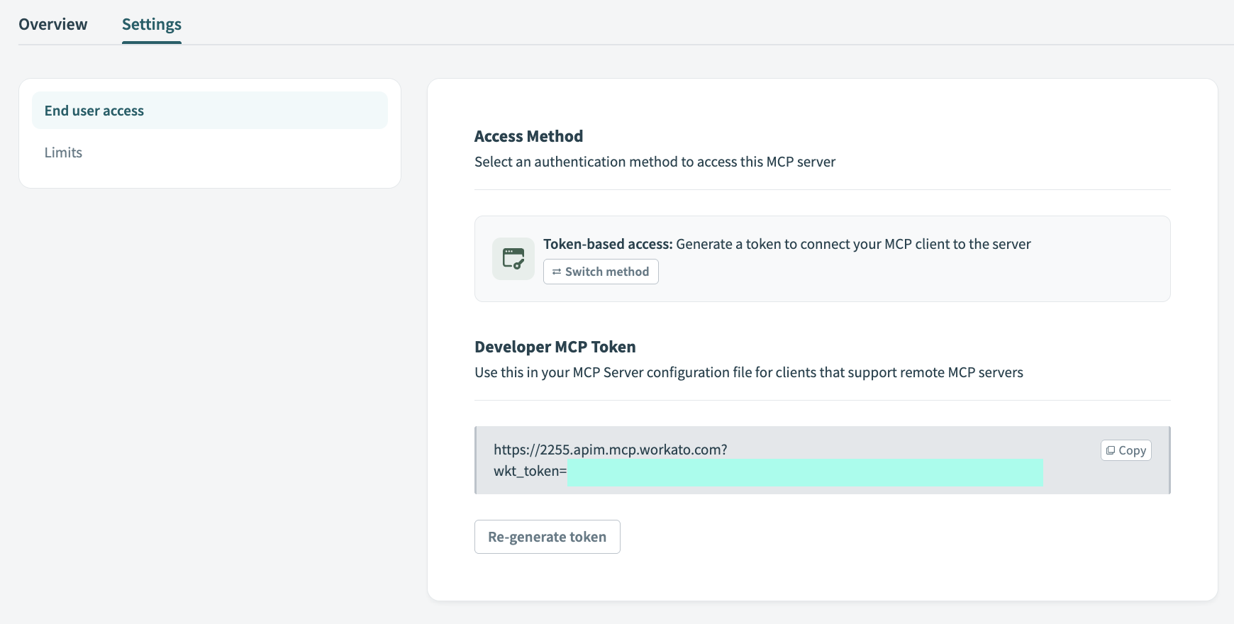 Copy the Developer MCP Token URL