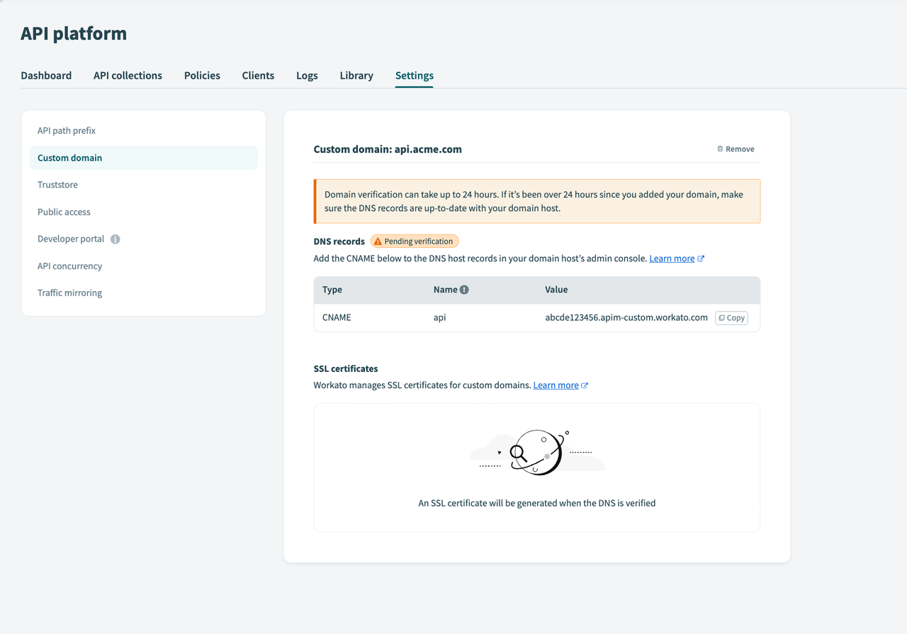 Copy the unique CNAME target from your Custom domain settings