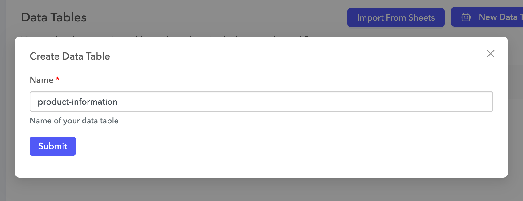 Create the data table
