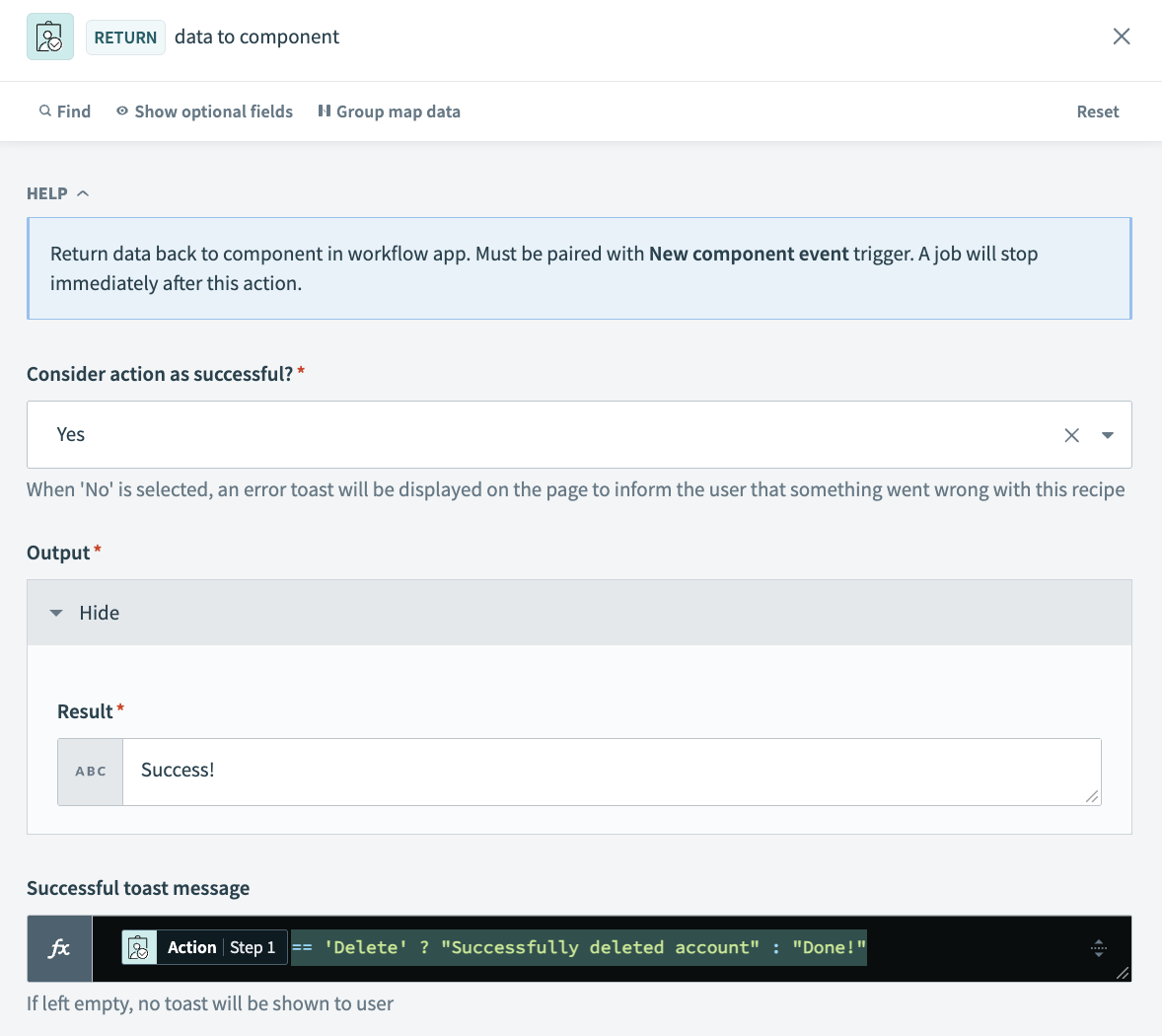 Configure the return data to component action