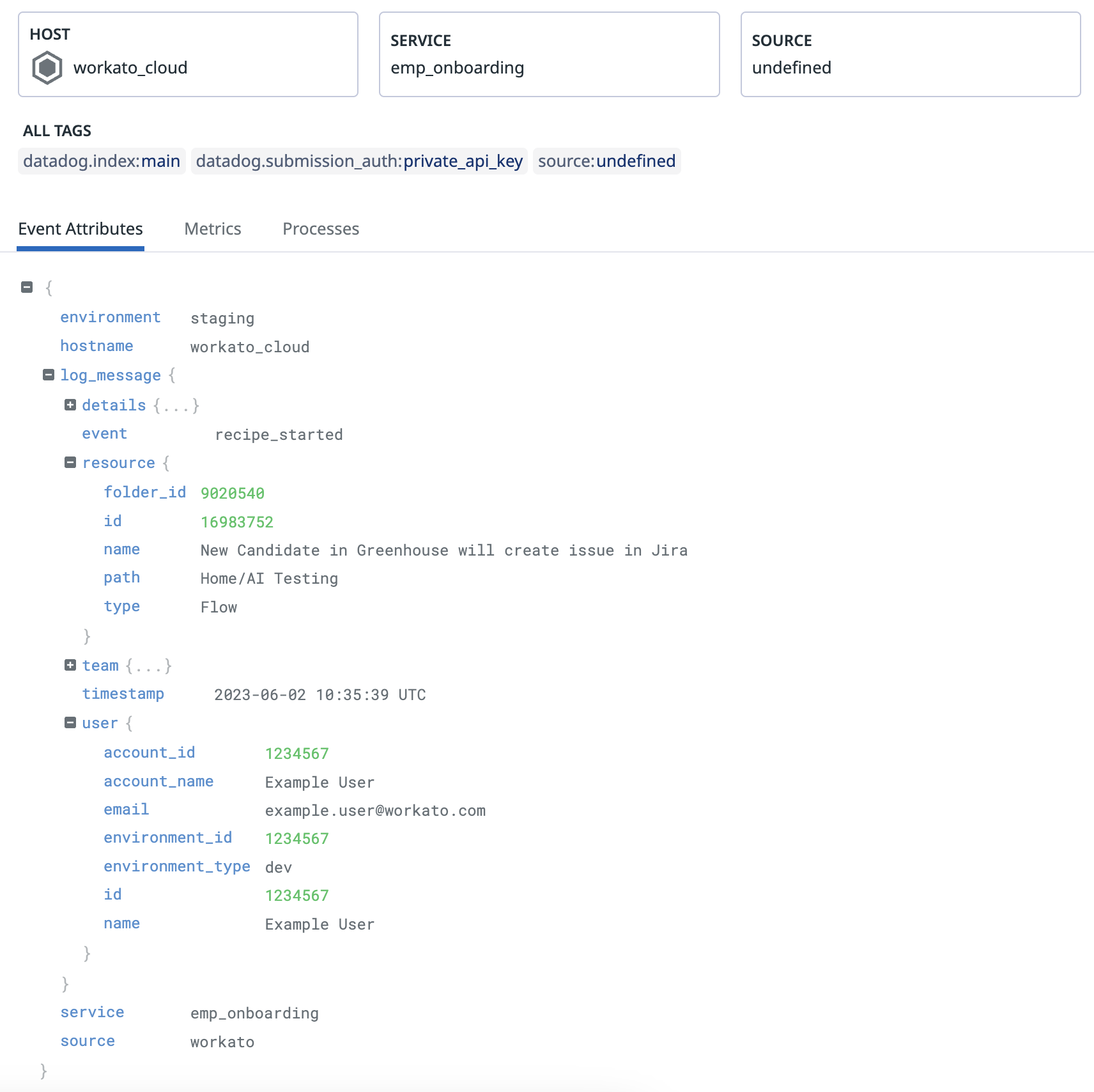Custom audit log message for recipe started event