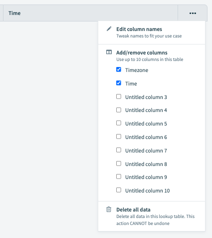 Lookup table の列のカスタマイズメニュー