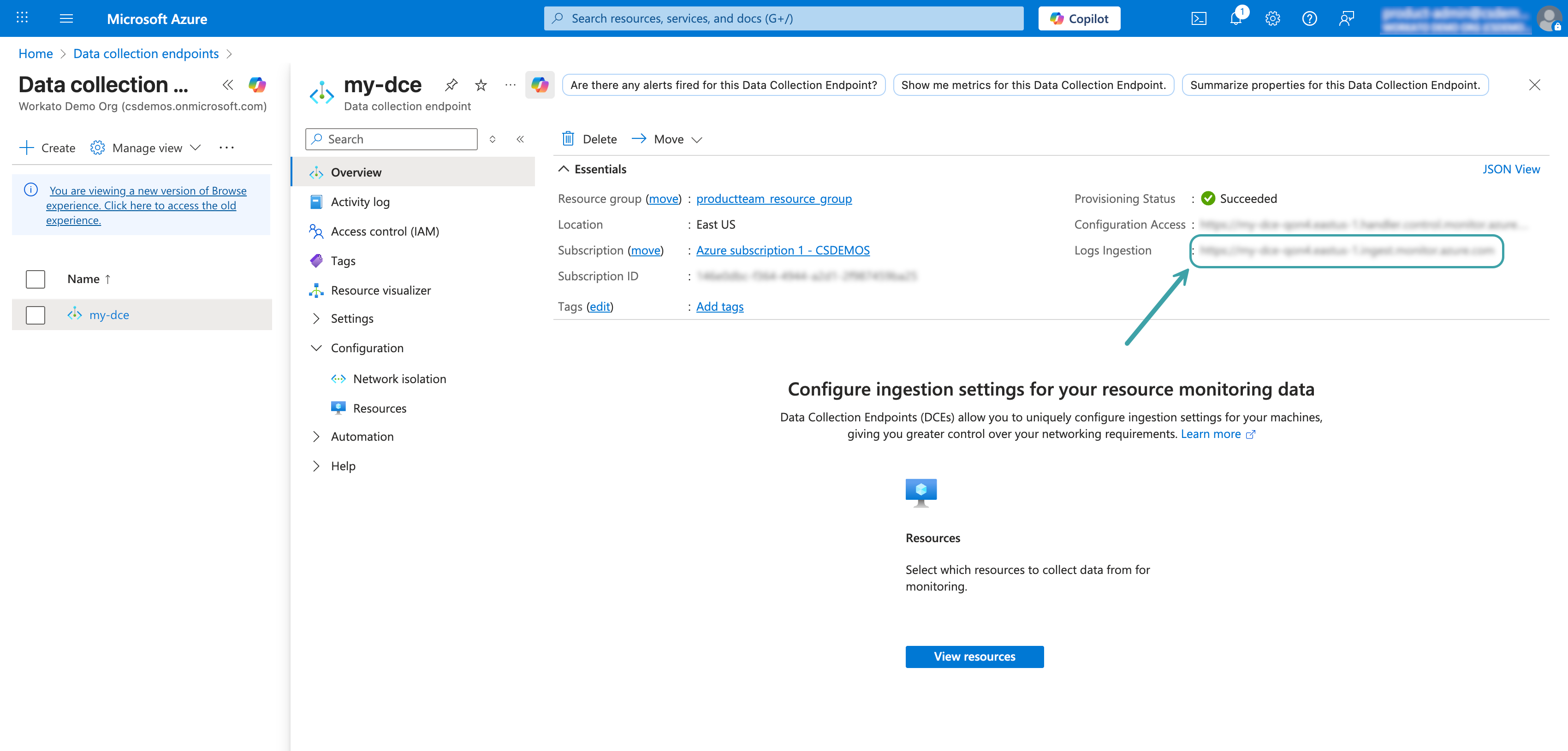 Copy the Logs Ingestion URL
