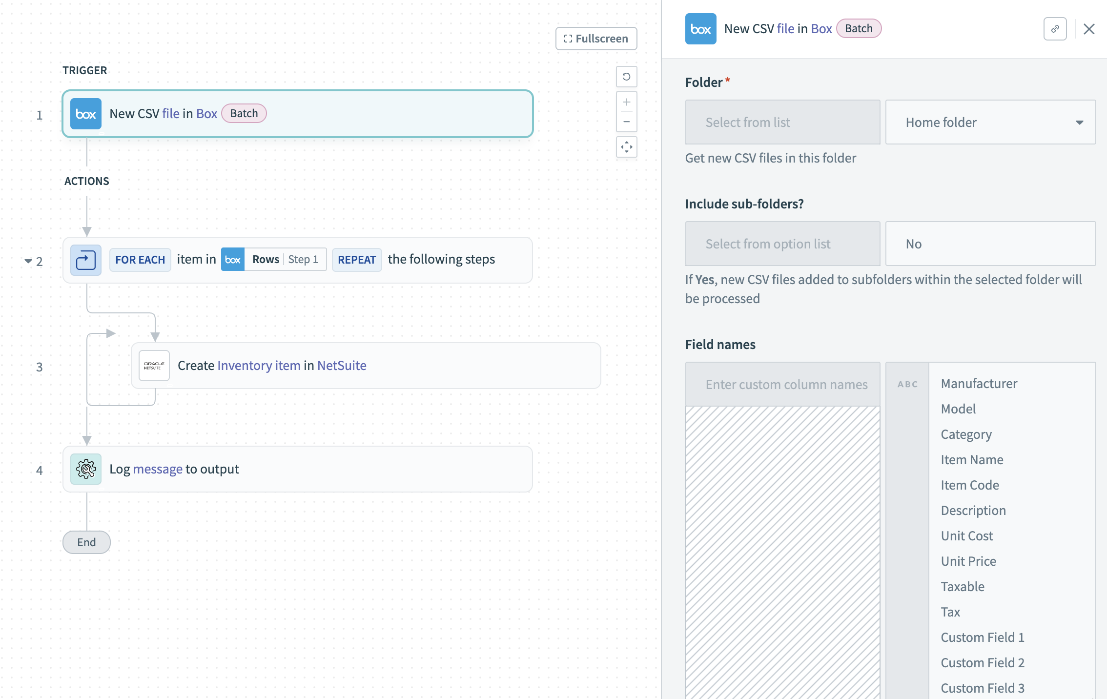 Recipe that processes a CSV file from Box and creates inventory items in NetSuite
