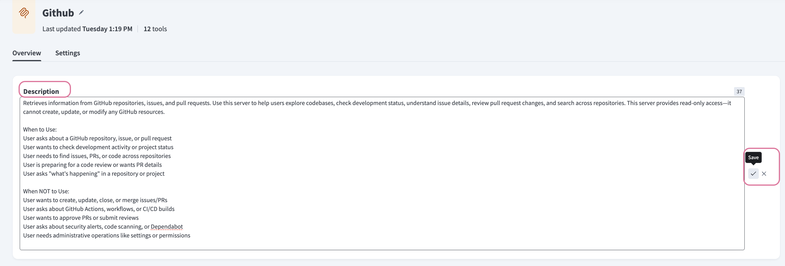 Update the LLM-facing description