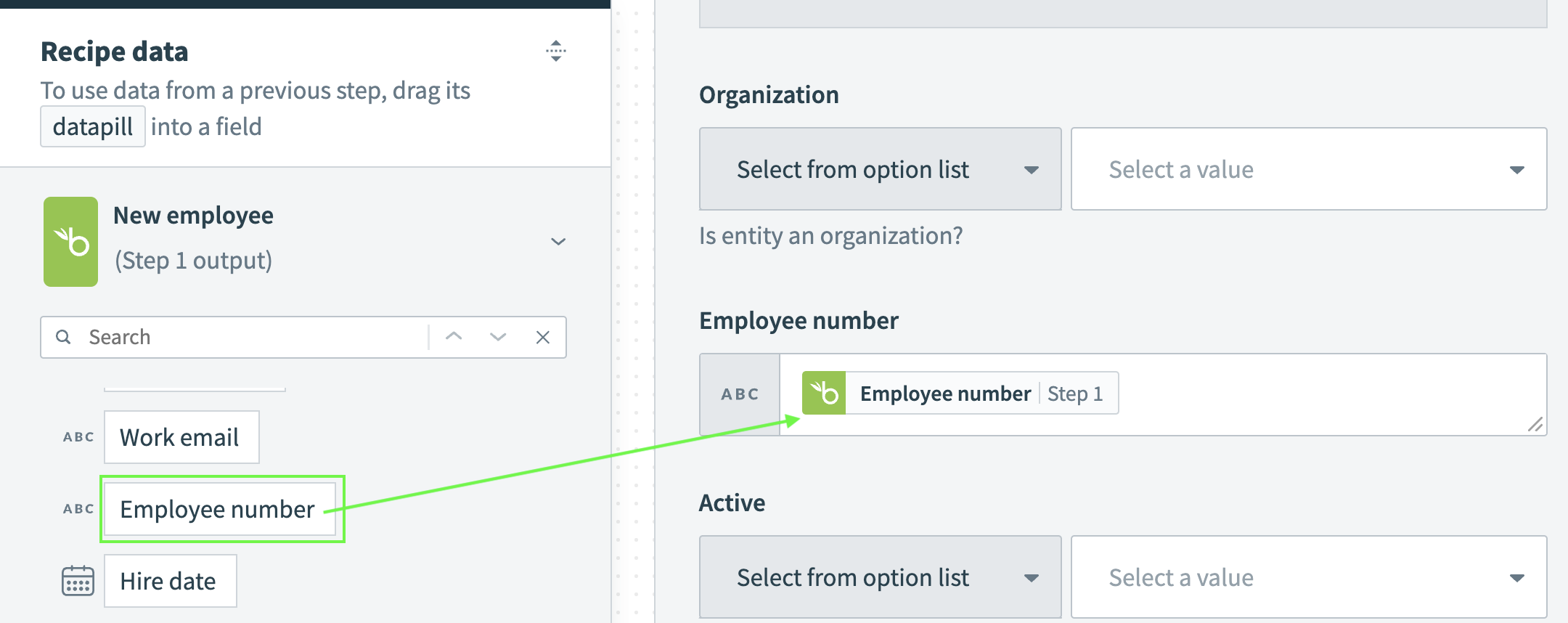 Map employee number datapill