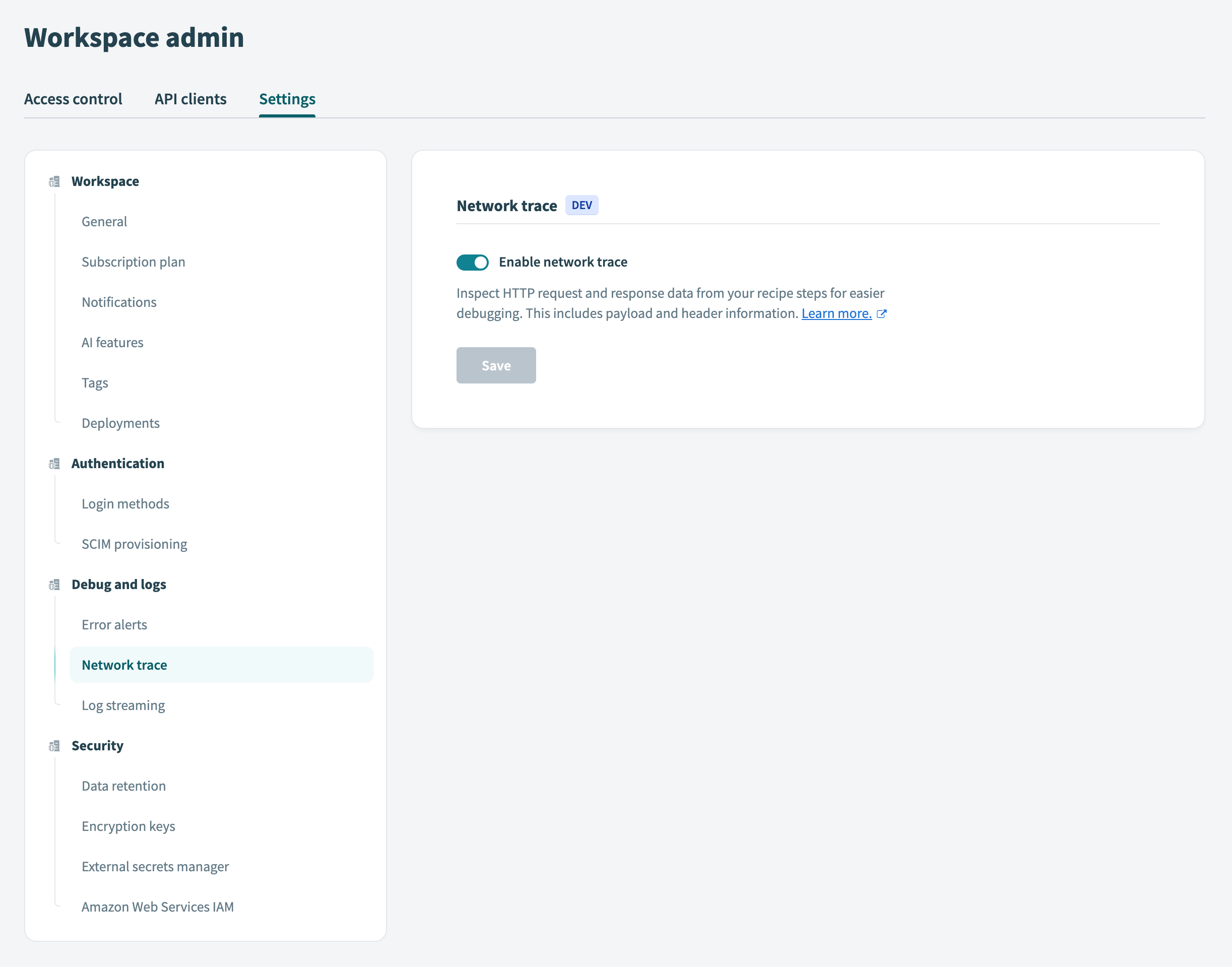 Enable or disable job debug tracing
