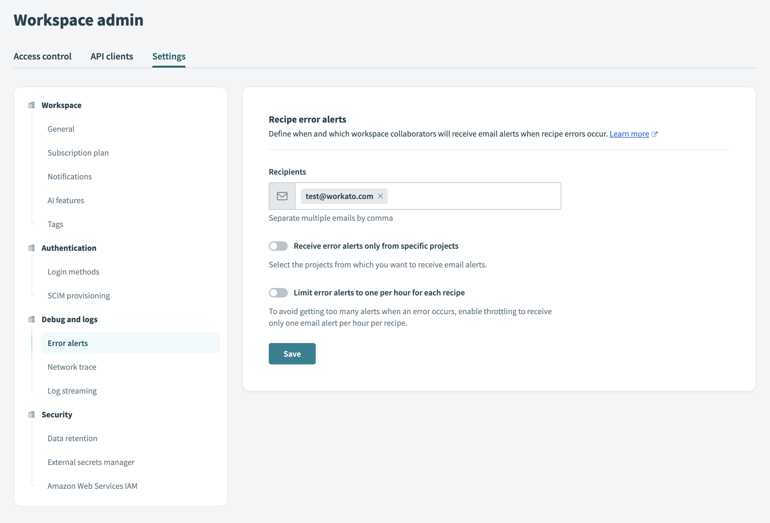 Configure error alert recipients and throttling settings