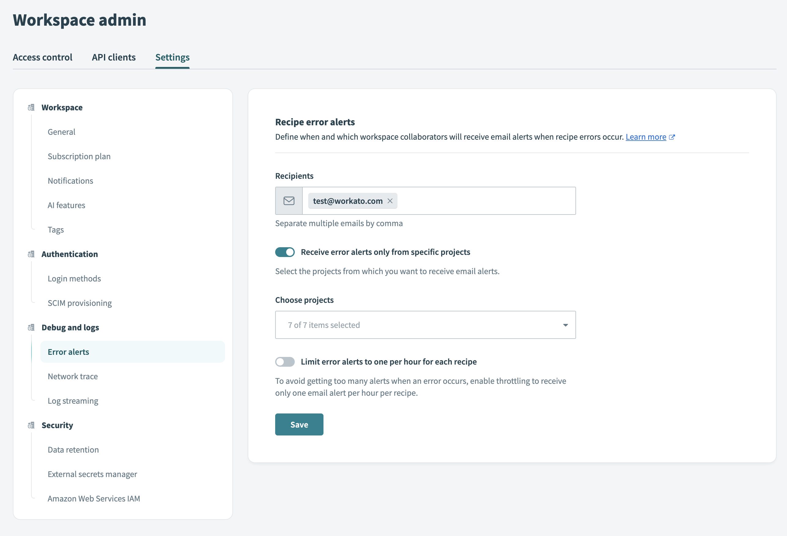 Select the projects you plan to send error alerts