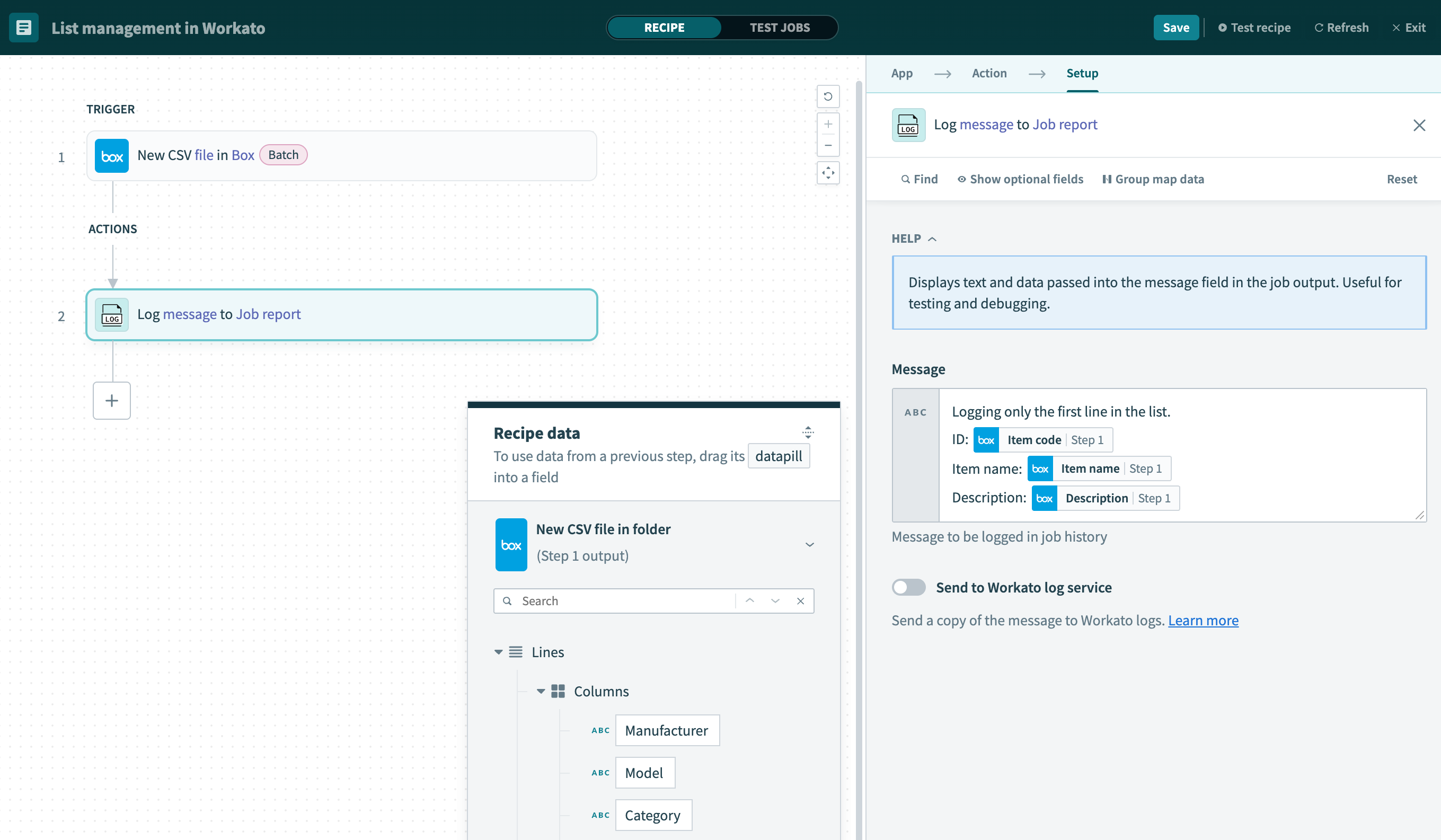 Example recipe using list datapills directly