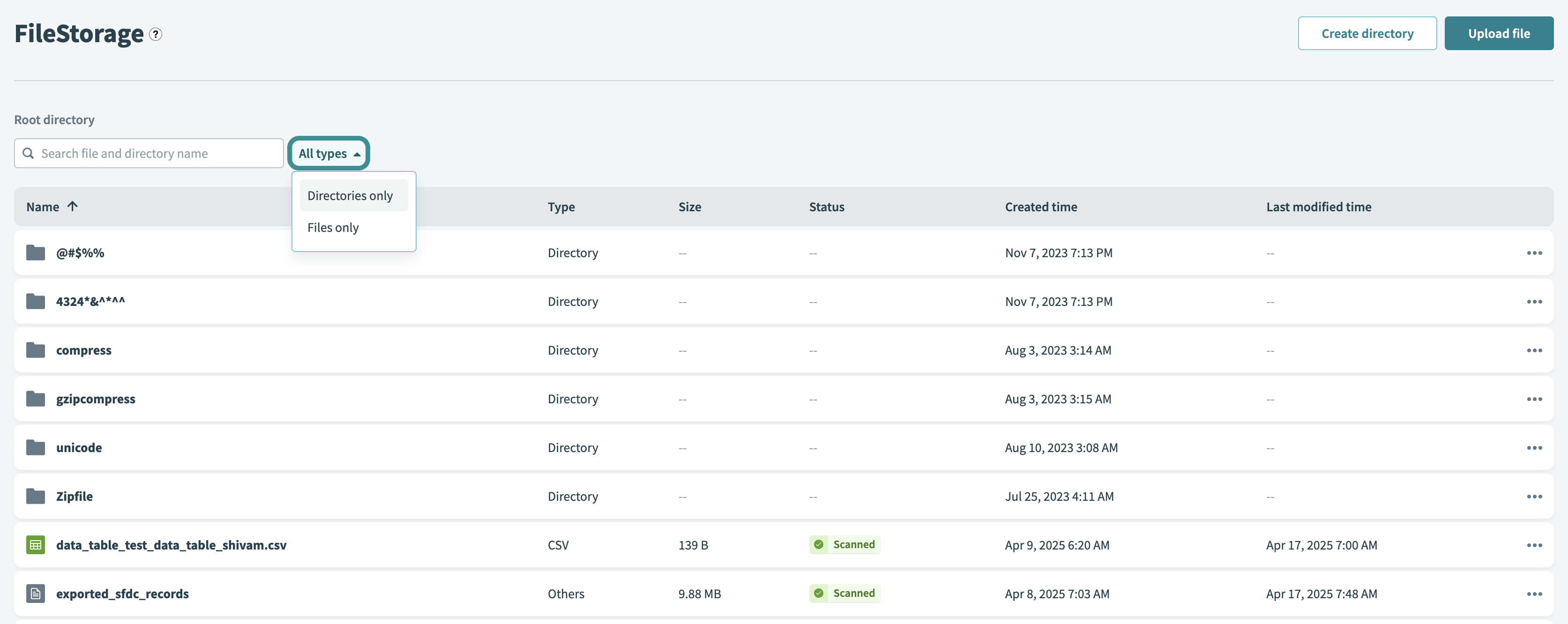 Searching FileStorage by all types, just files, or just directories