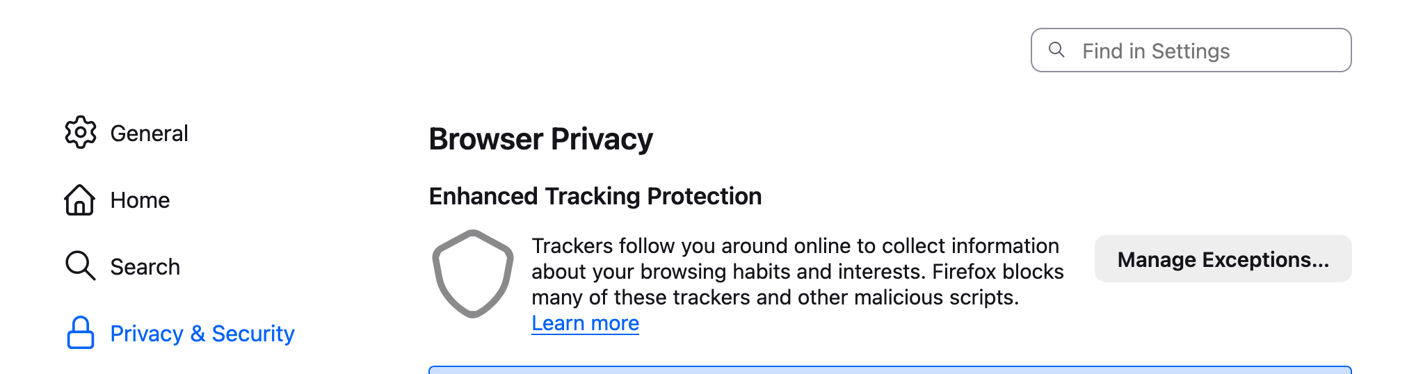 Firefox Enhanced Tracking Protection settings page