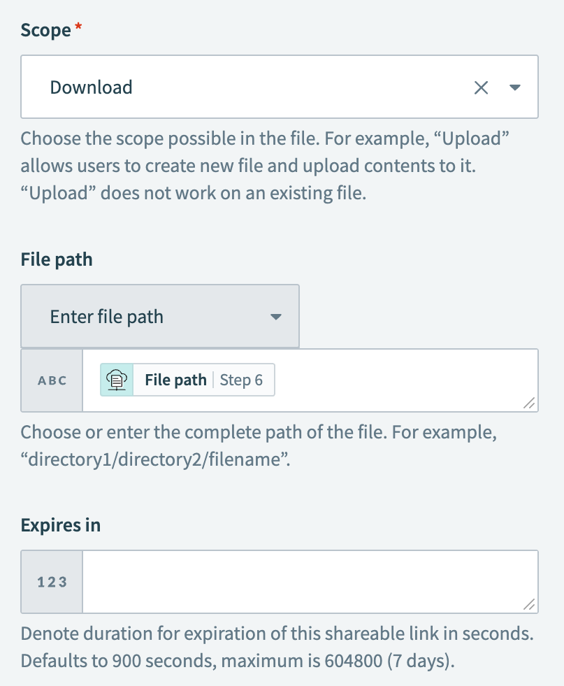 Configure the Generate shareable file link action