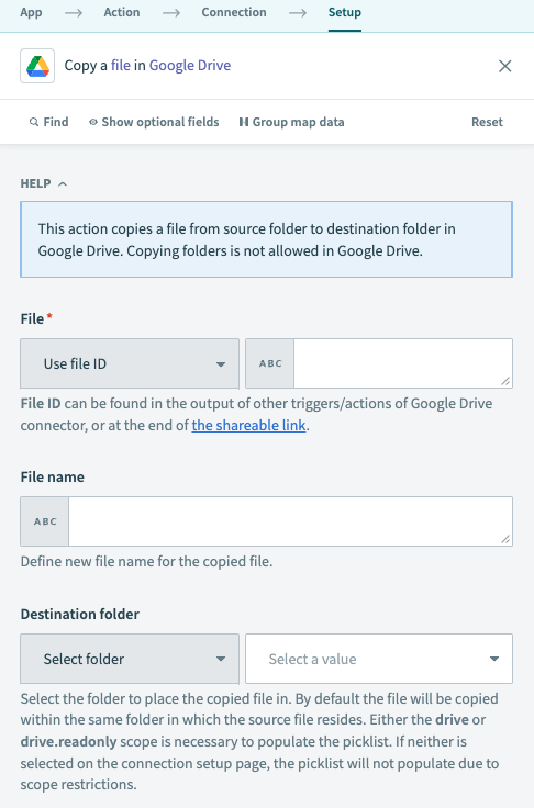 Google Drive Copy file action
