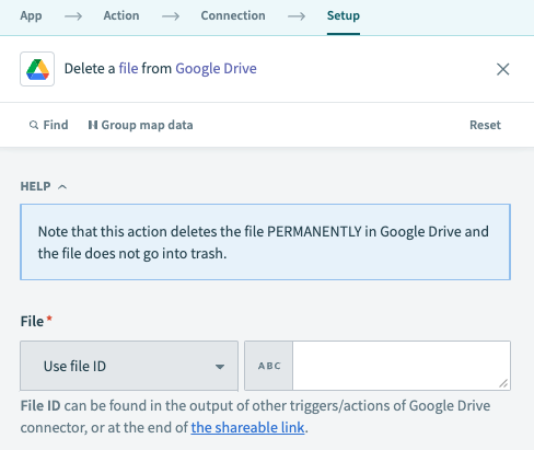 Google Drive Delete file action