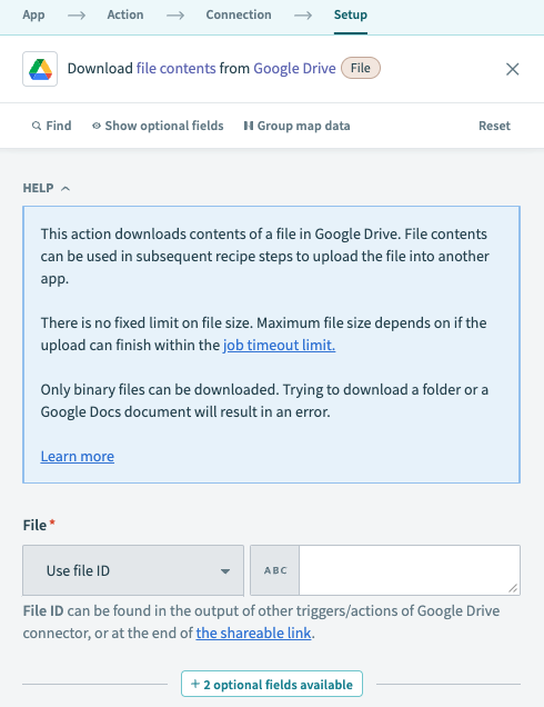 Google Drive Download file action