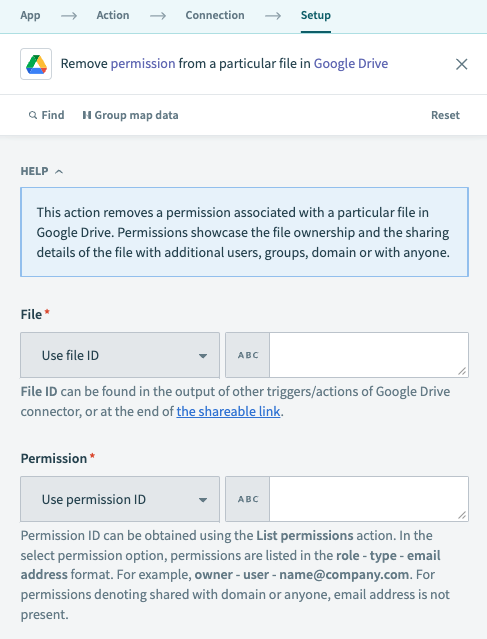 Google Drive Remove file permission action