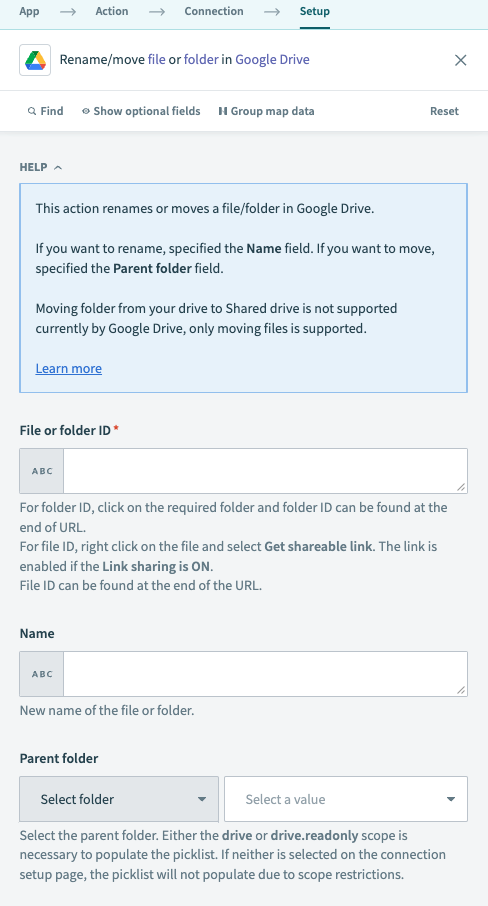 Google Drive Rename or move file/folder action