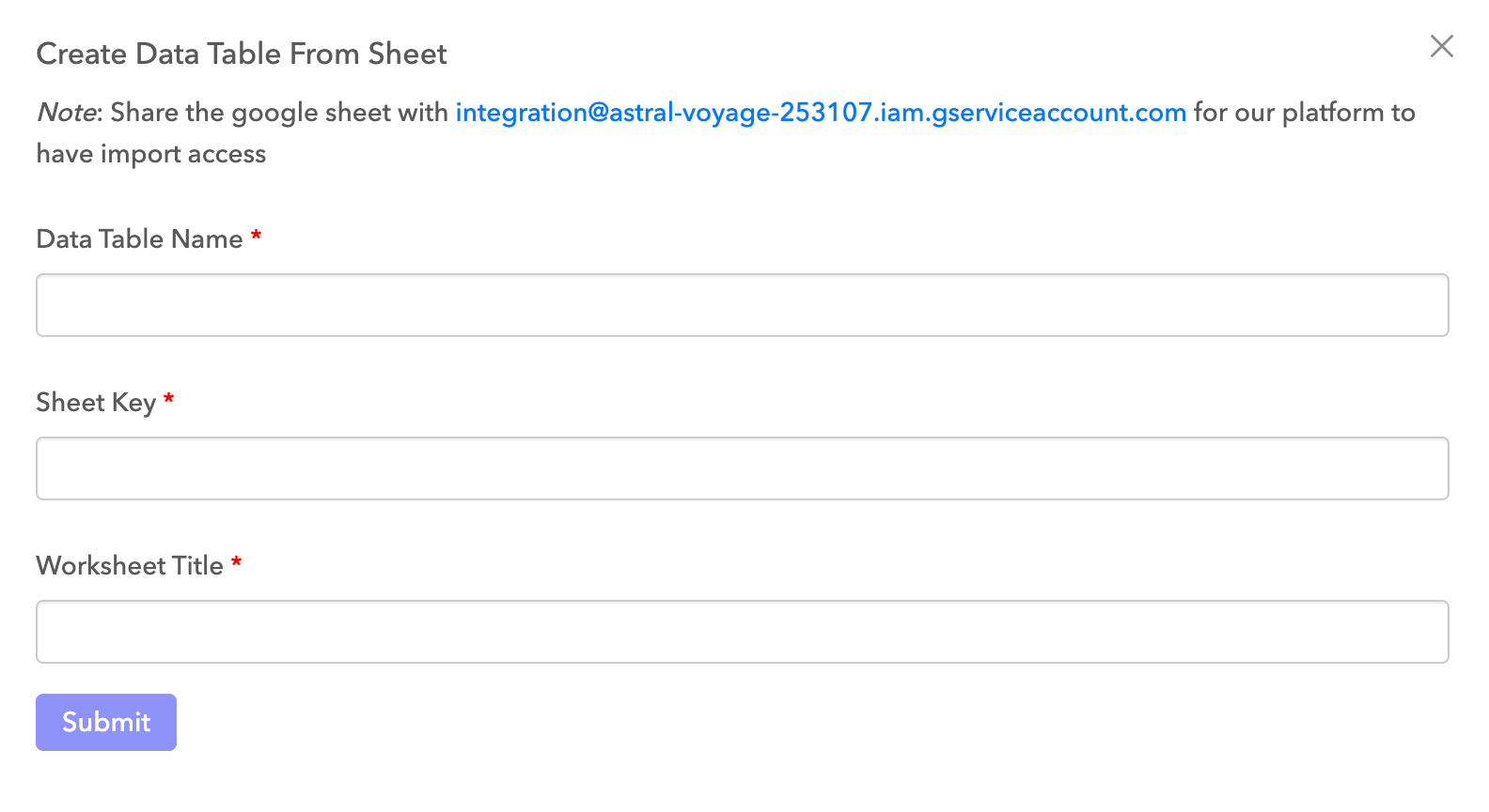 Enter details about the data table to import