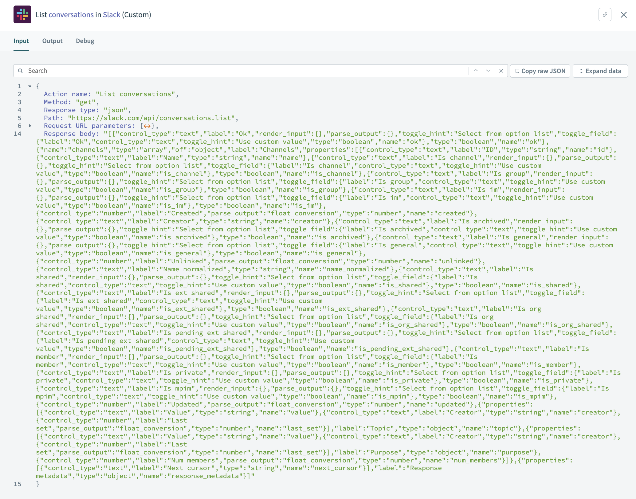 Job history - output showing conversation data returned