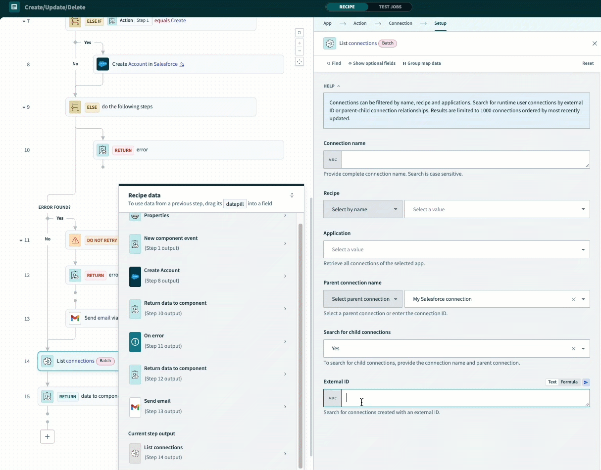 List connections action setup