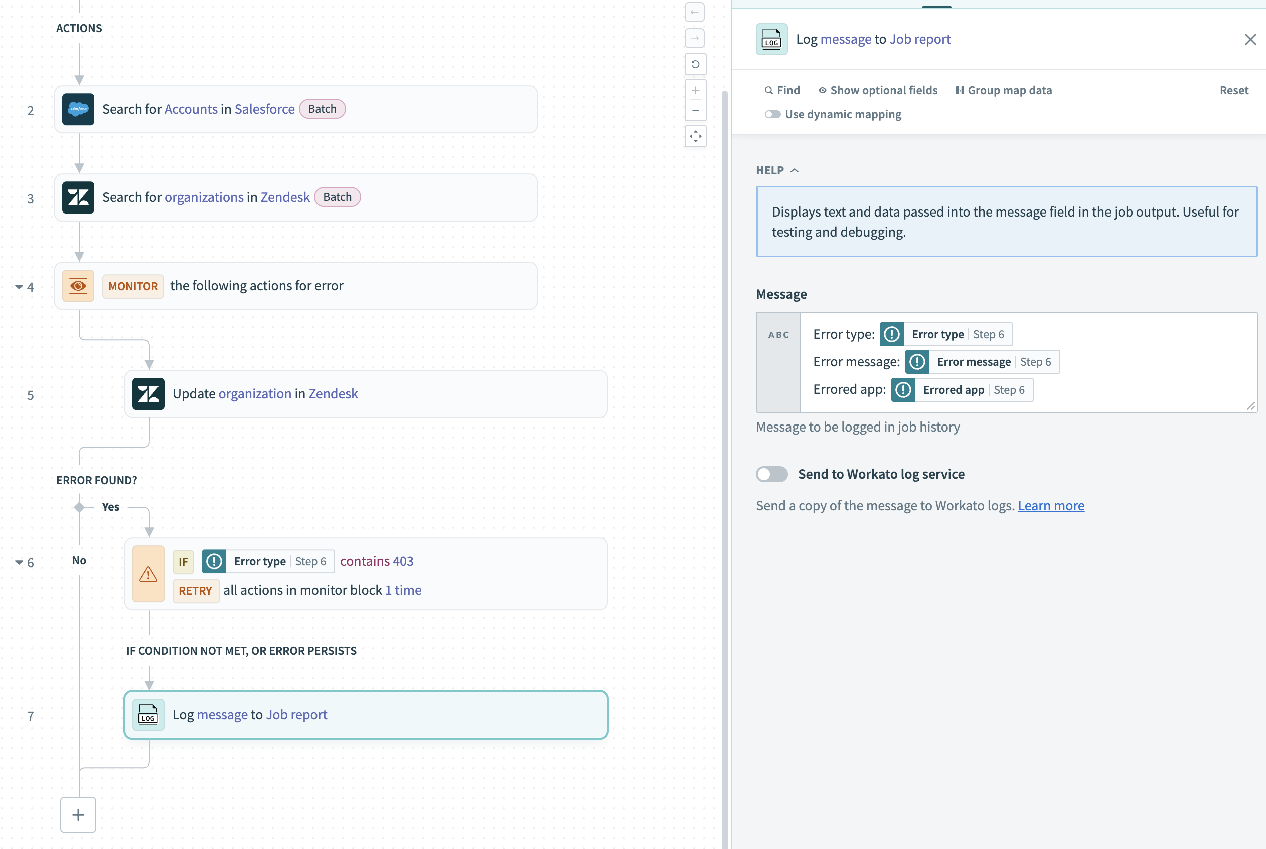Log job error context using on error datapills