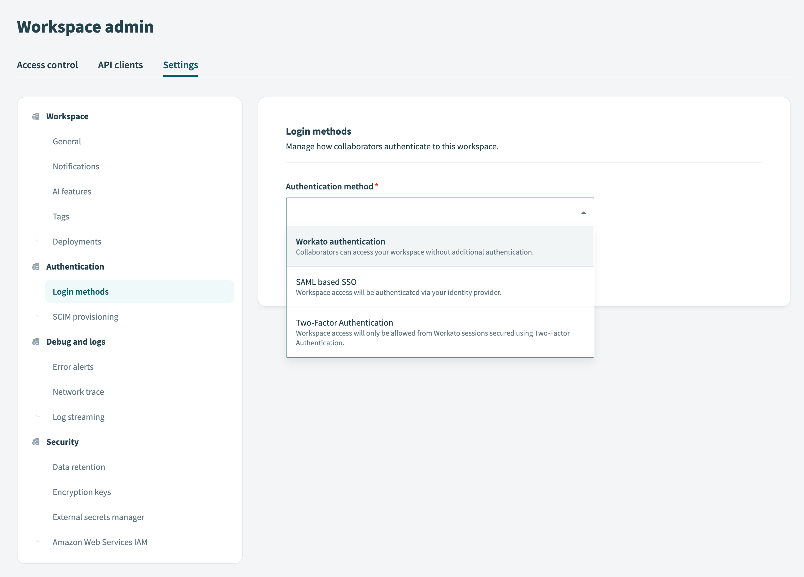 Login methods settings