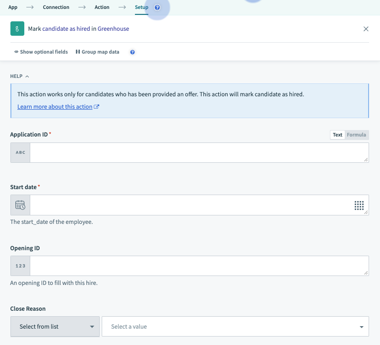 Mark candidate as hired アクション
