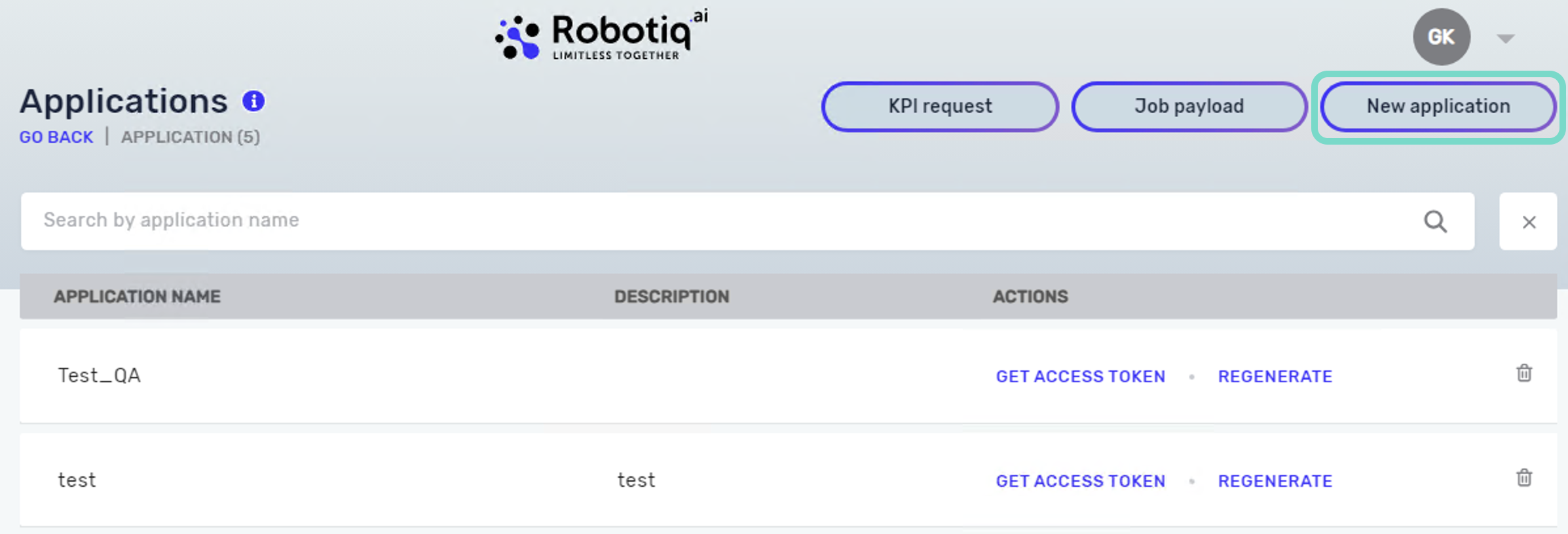 Click New application