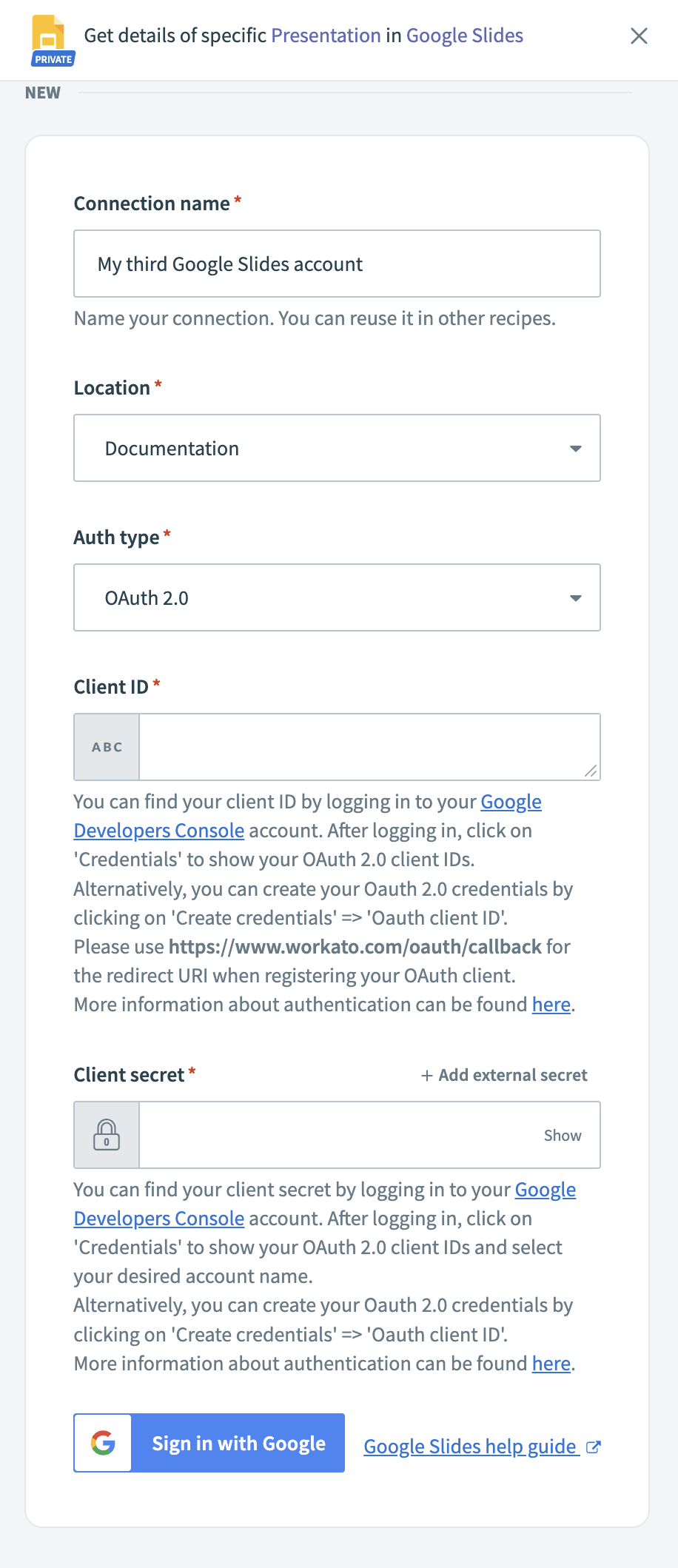 OAuth 2.0 connection fields