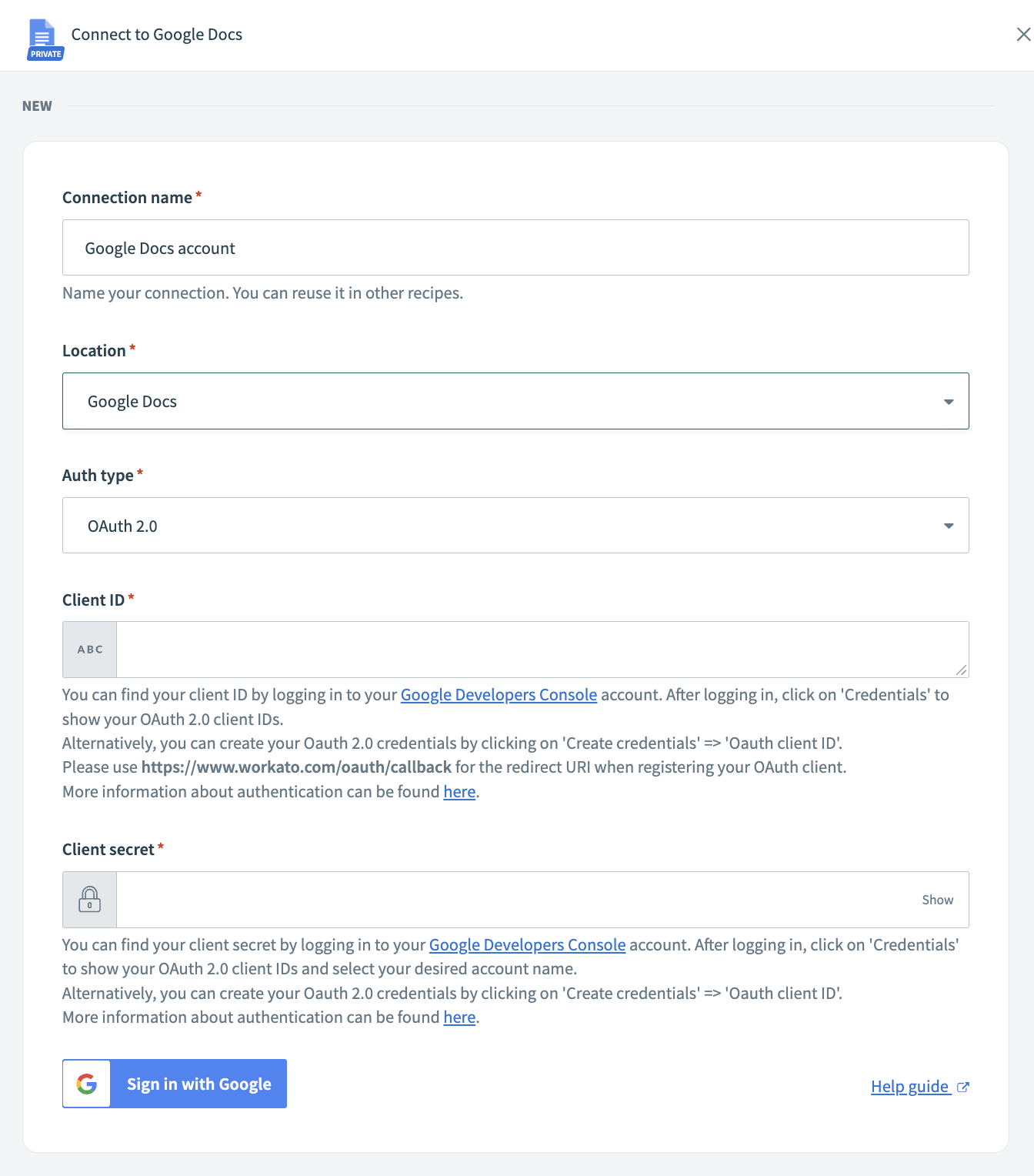 OAuth 2.0 connection