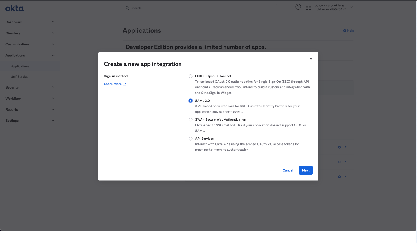 Create a new application in Okta