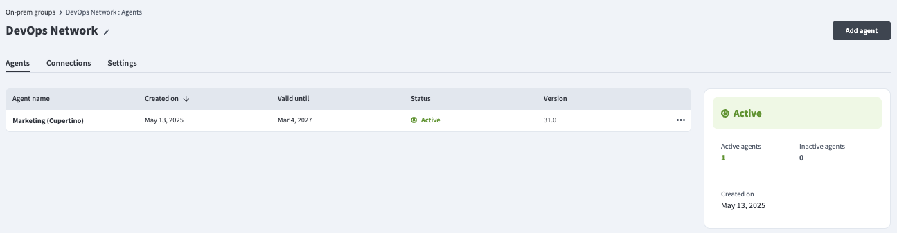 On-prem agent connected