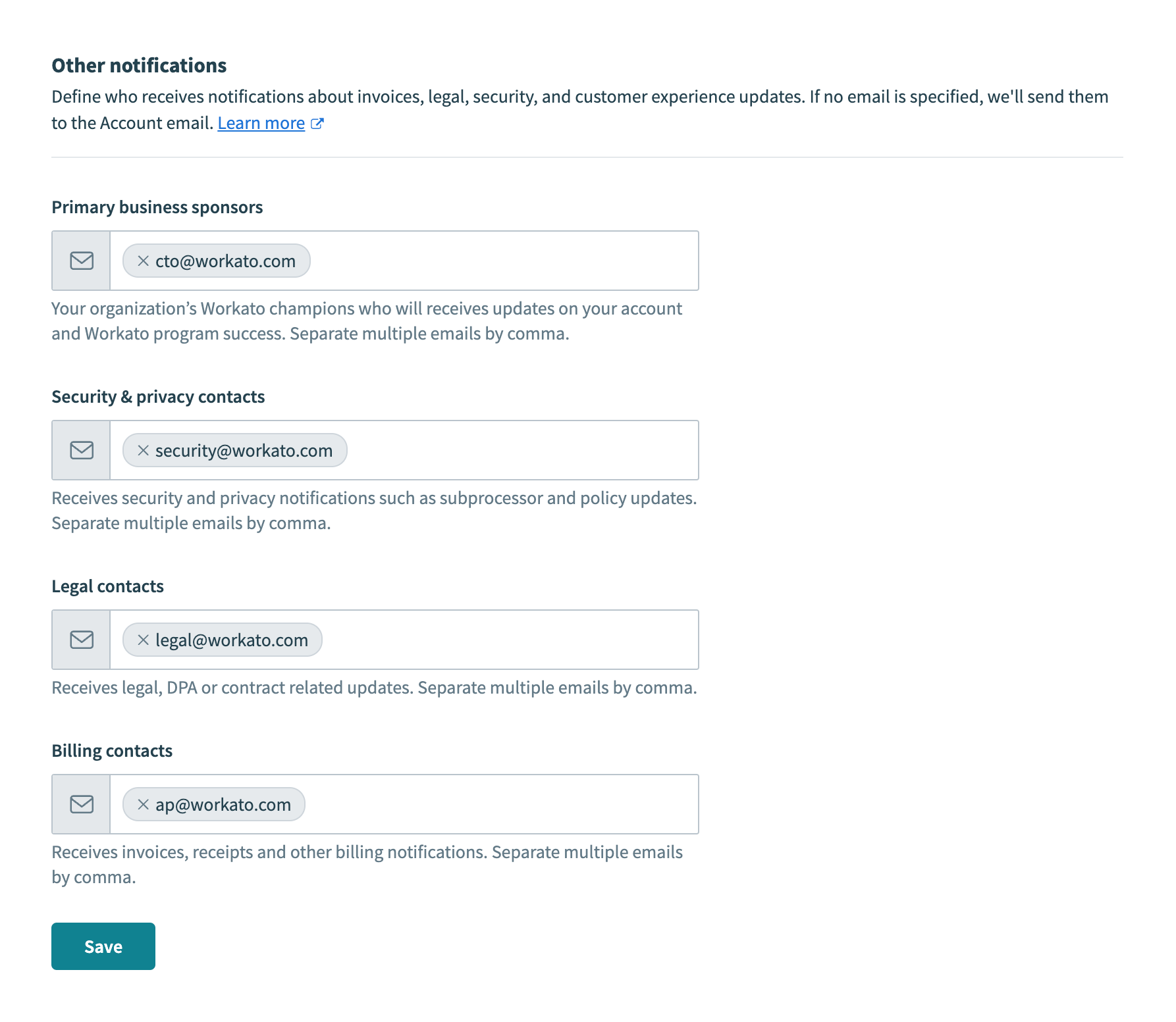 Configure contacts for business sponsor, legal/security and billing