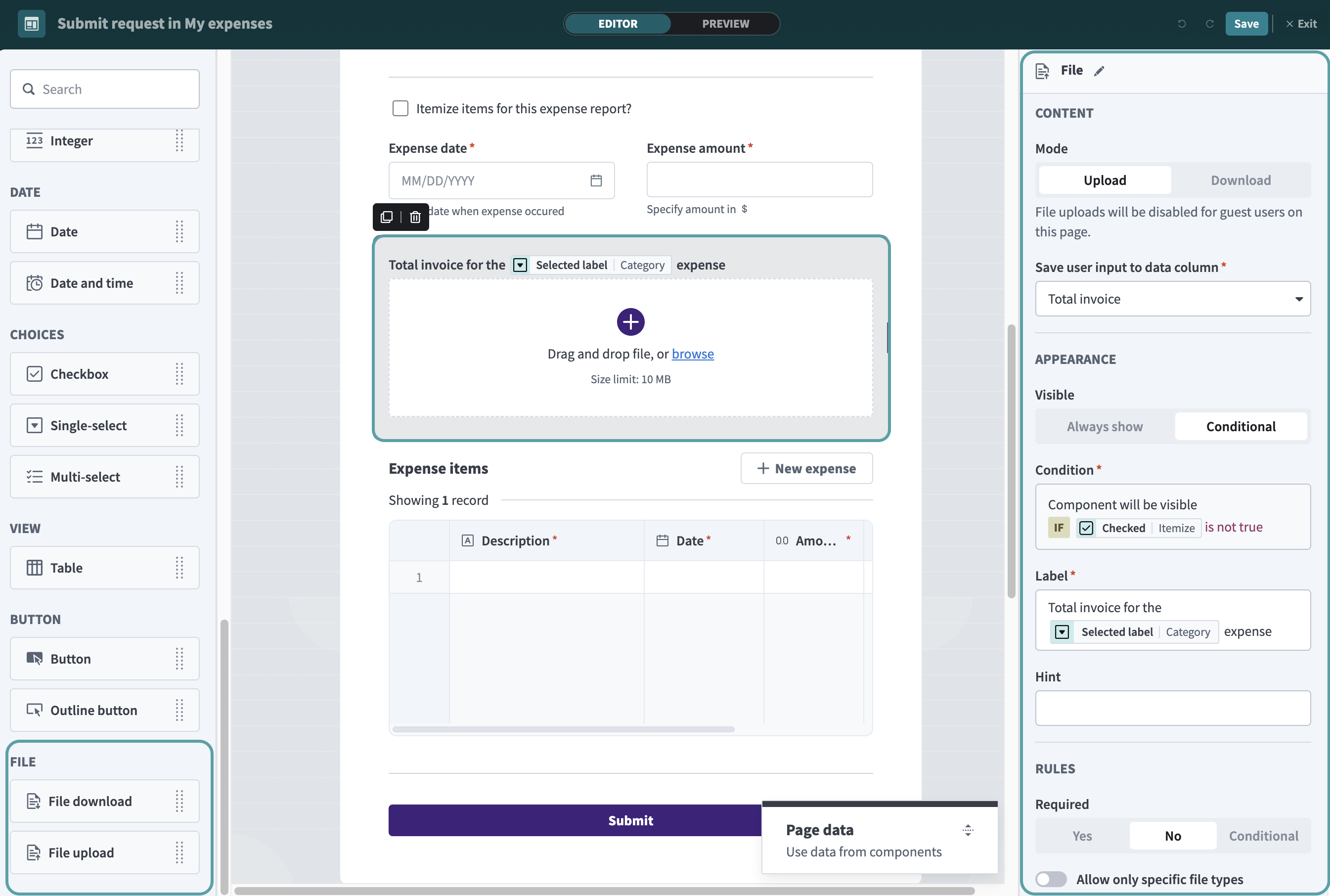 Upload/download file components