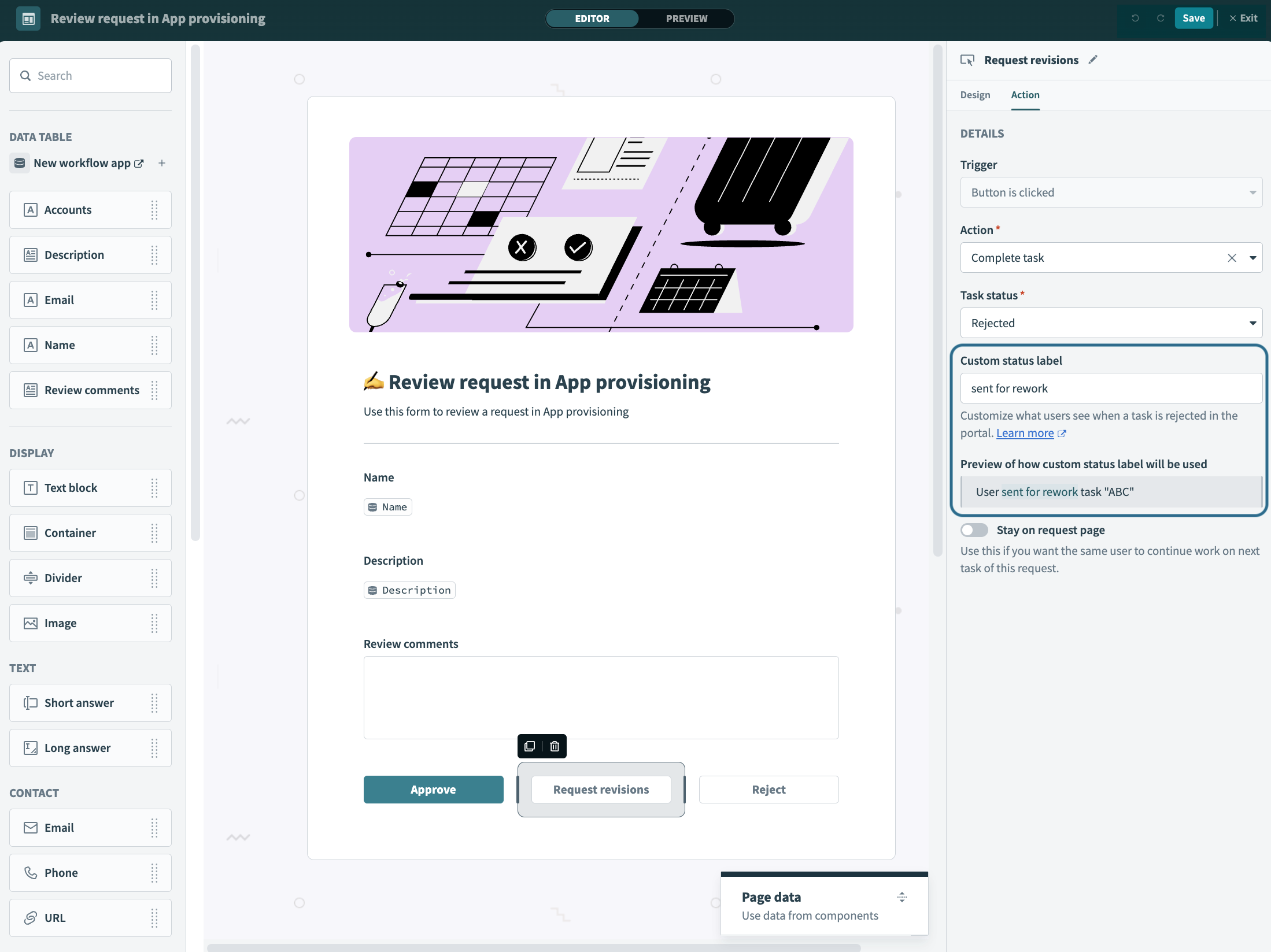 Button with complete task action and custom status label
