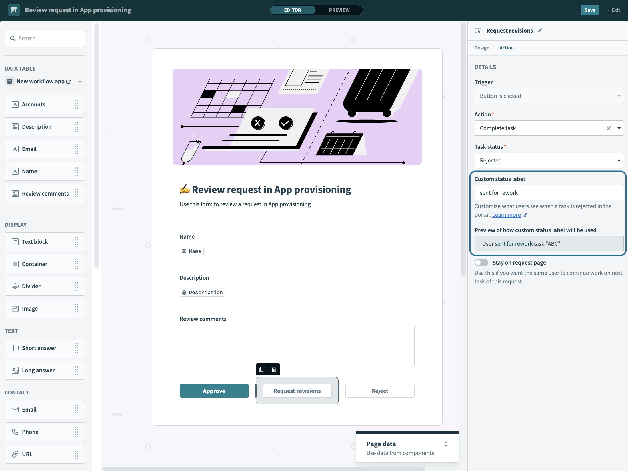 Button with complete task action and custom status label