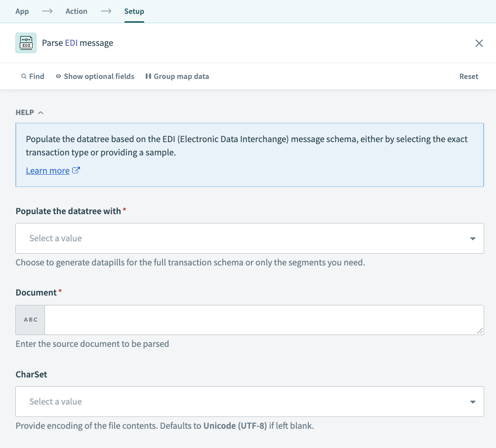 Parse EDI action configuration
