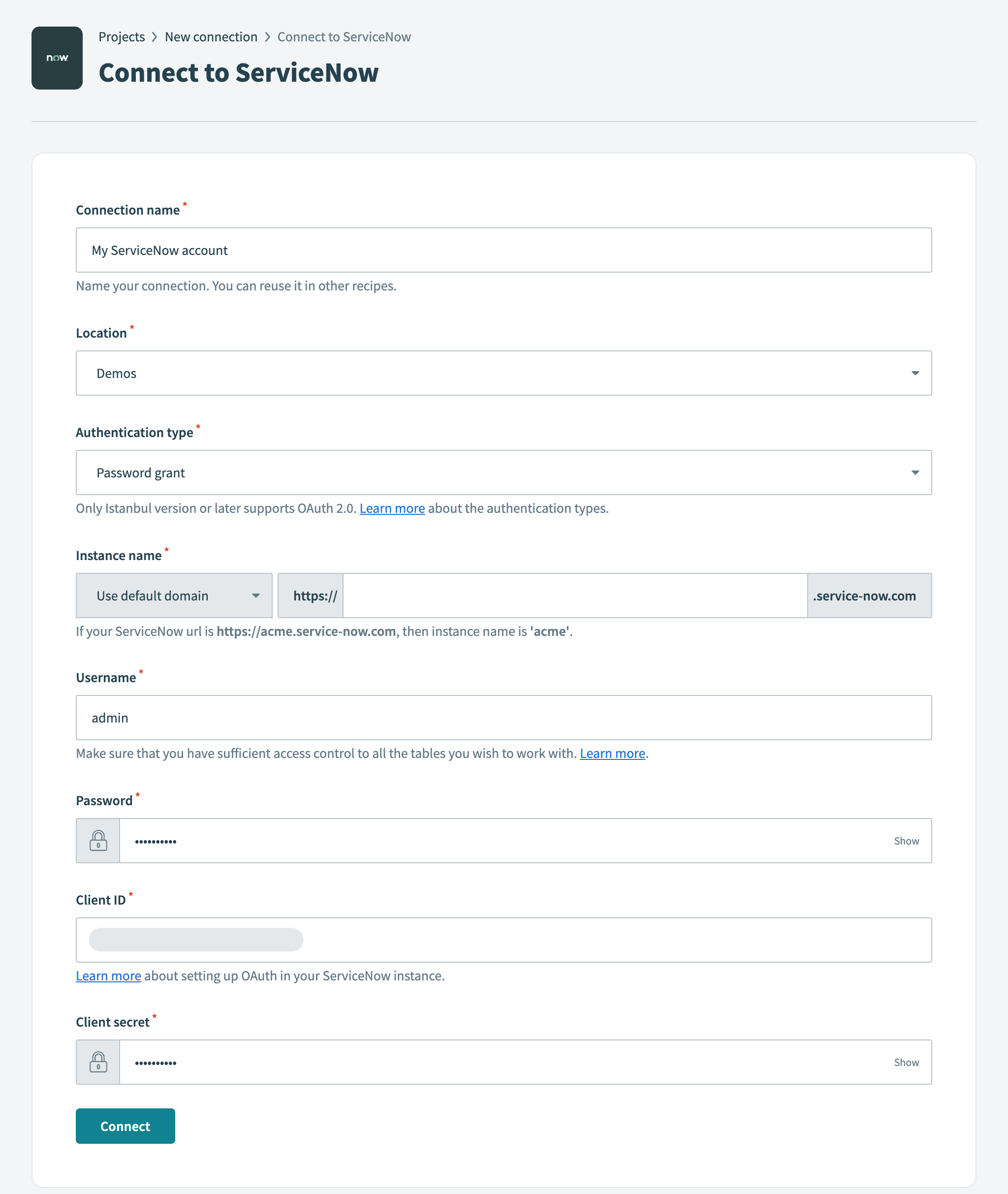 Username/Password connection