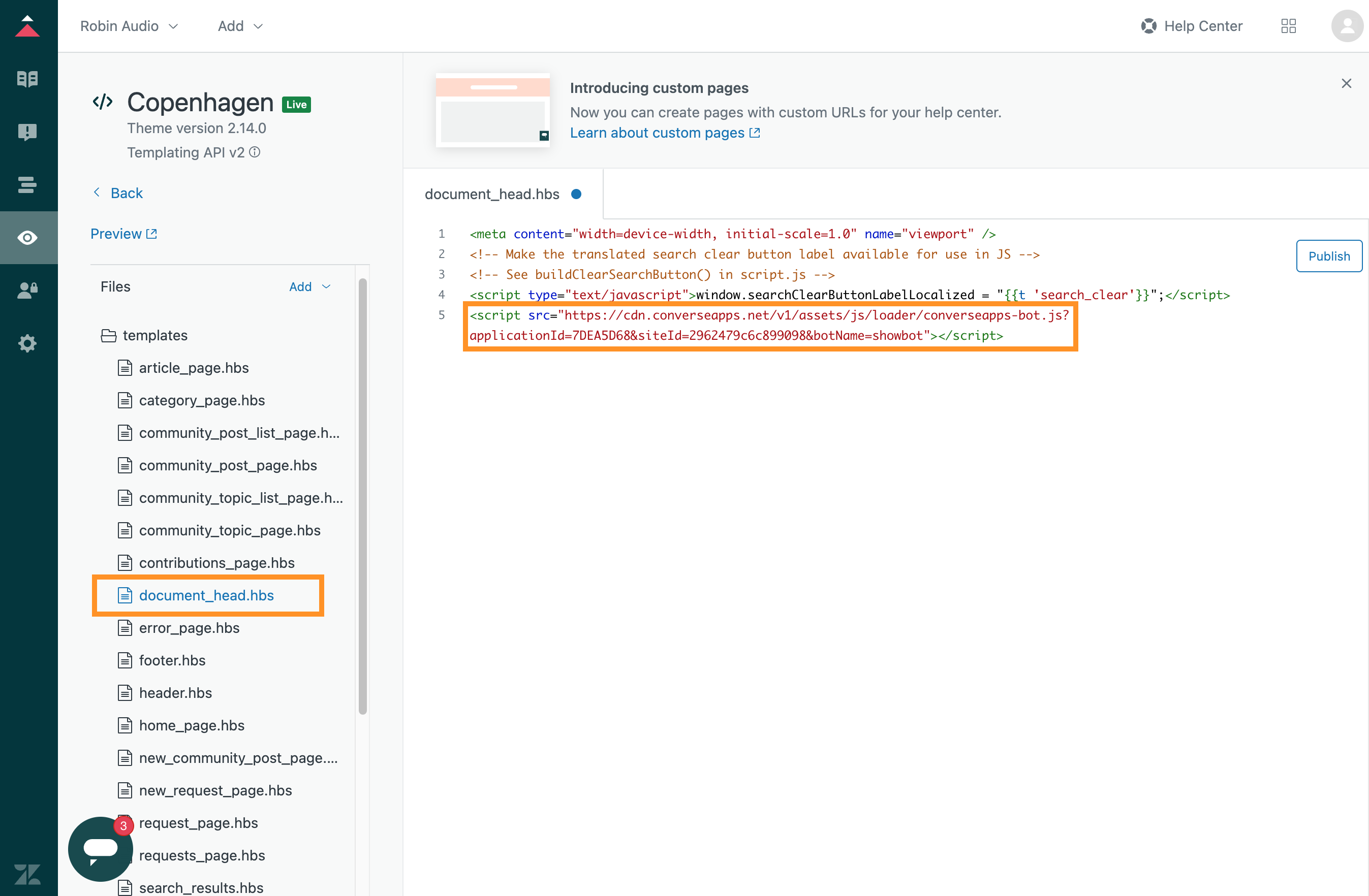 Paste the AI agent script snippet