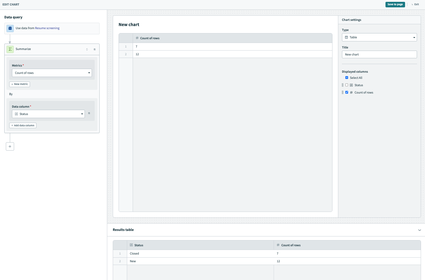 Preview results table