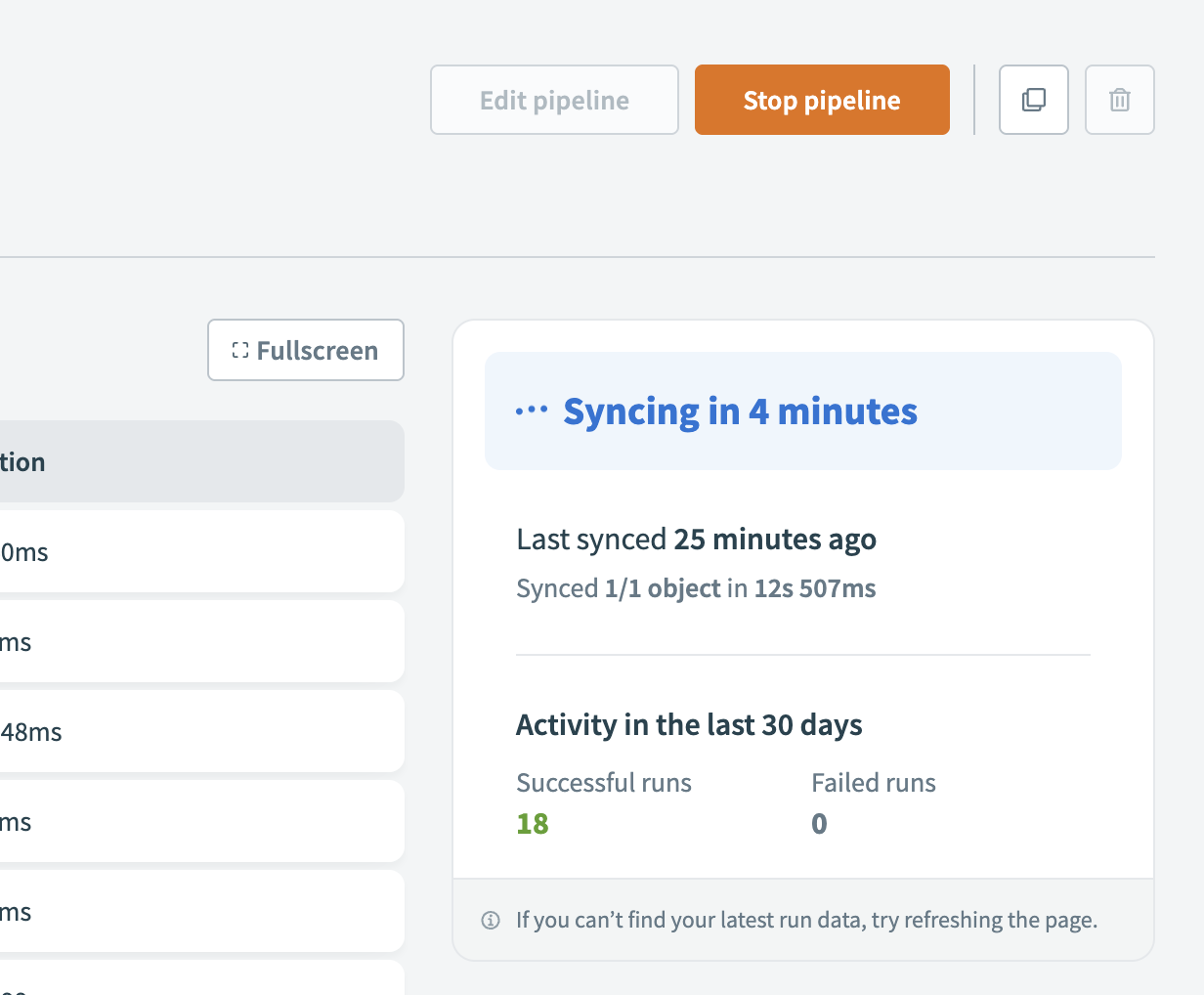 Data pipeline activity status during completed sync