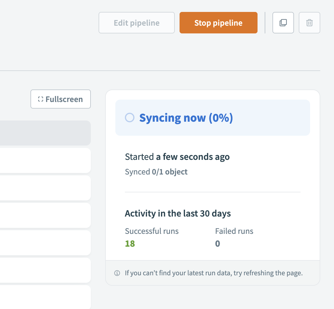 Data pipeline activity status during sync